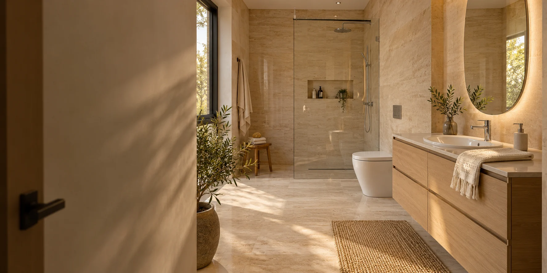 Baño cálido con mueble de roble, lavatorio blanco, grifería cromada y ducha de vidrio