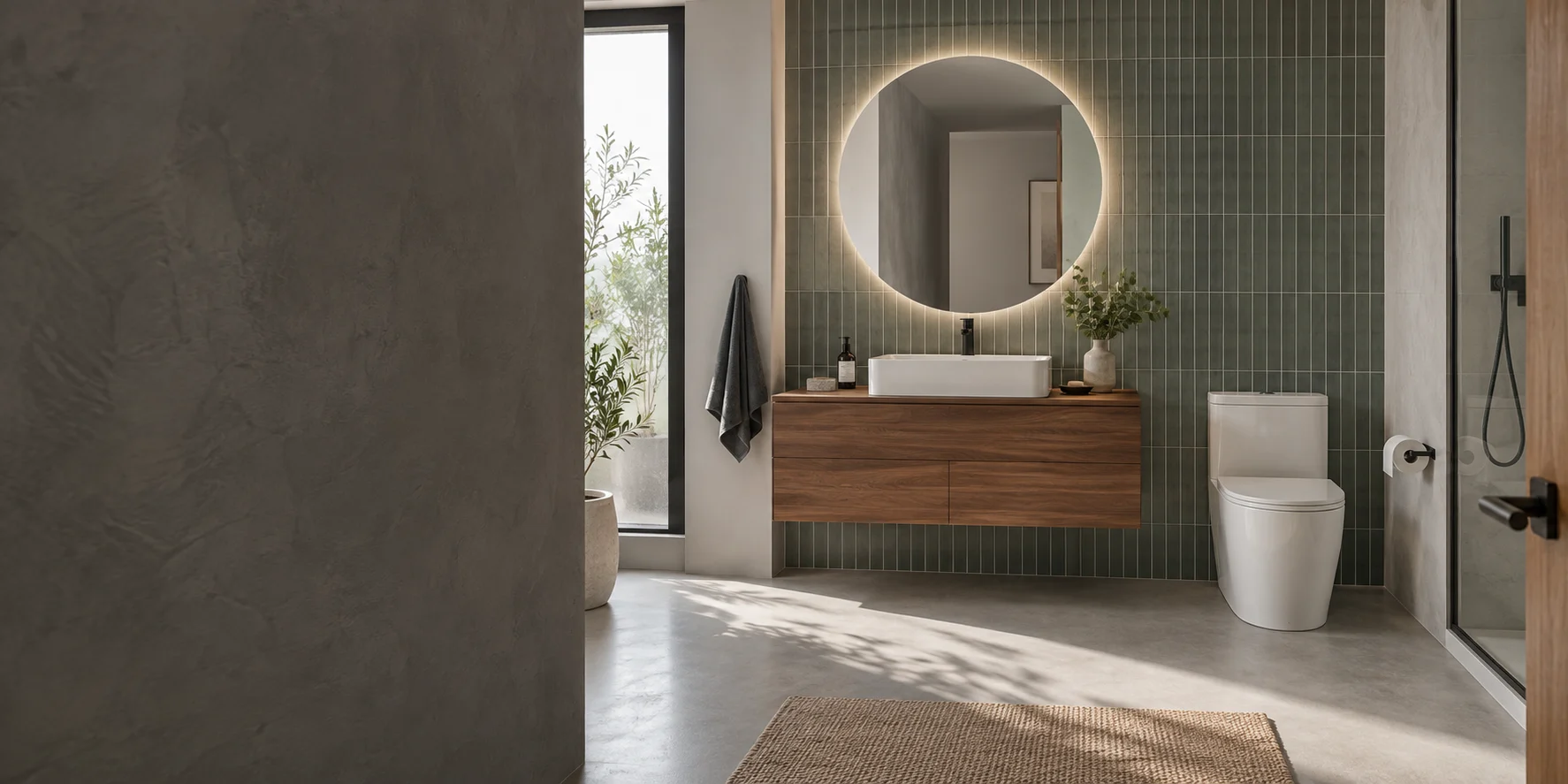 Baño moderno con cerámica verde, lavatorio rectangular, grifería negra y sanitario blanco