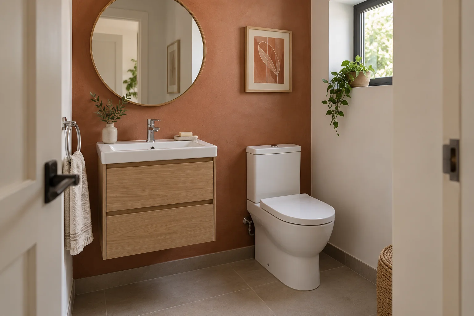 Baño compacto con lavatorio rectangular, sanitario blanco y pared terracota