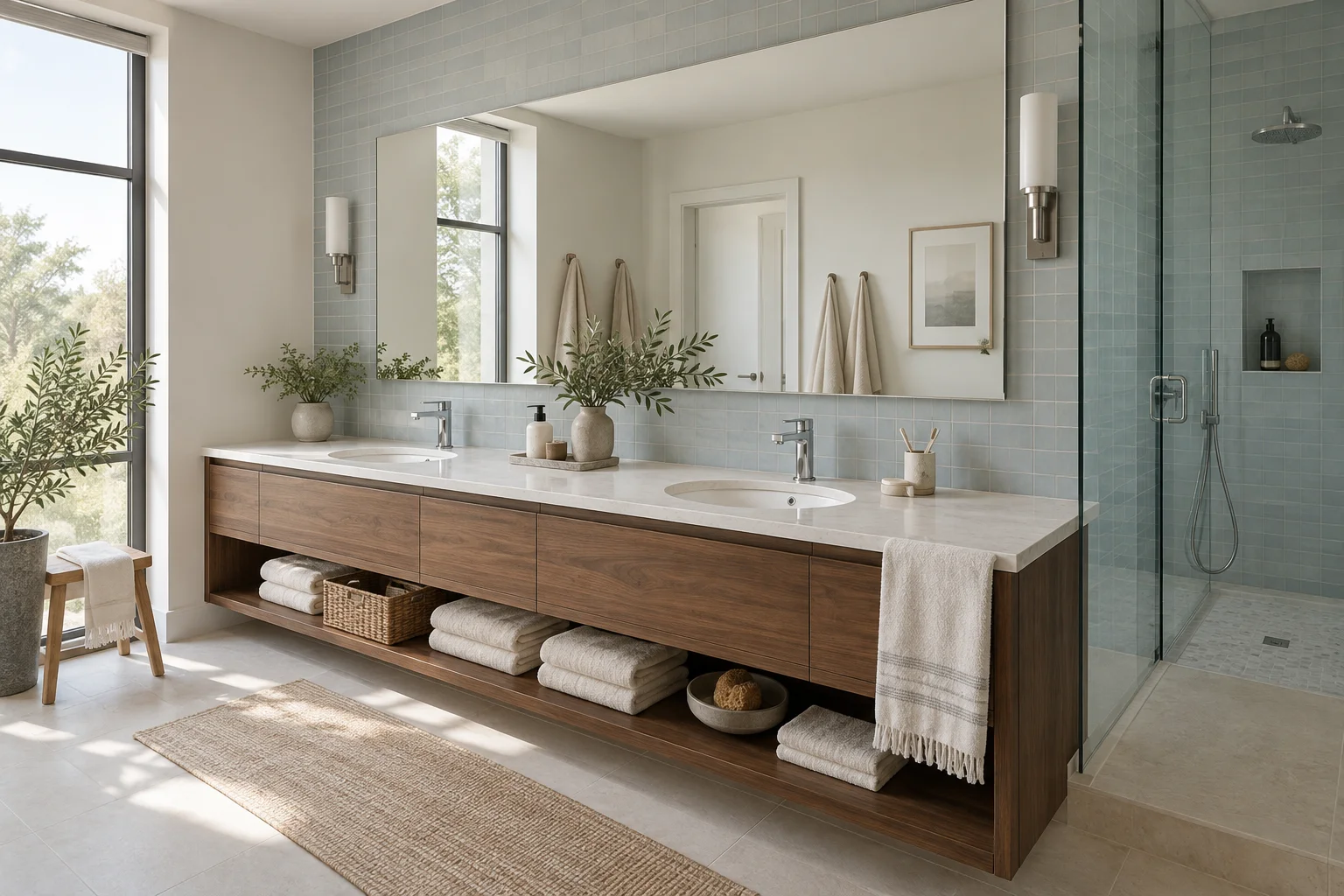 Baño familiar luminoso con dos lavatorios, griferías cromadas y ducha de vidrio
