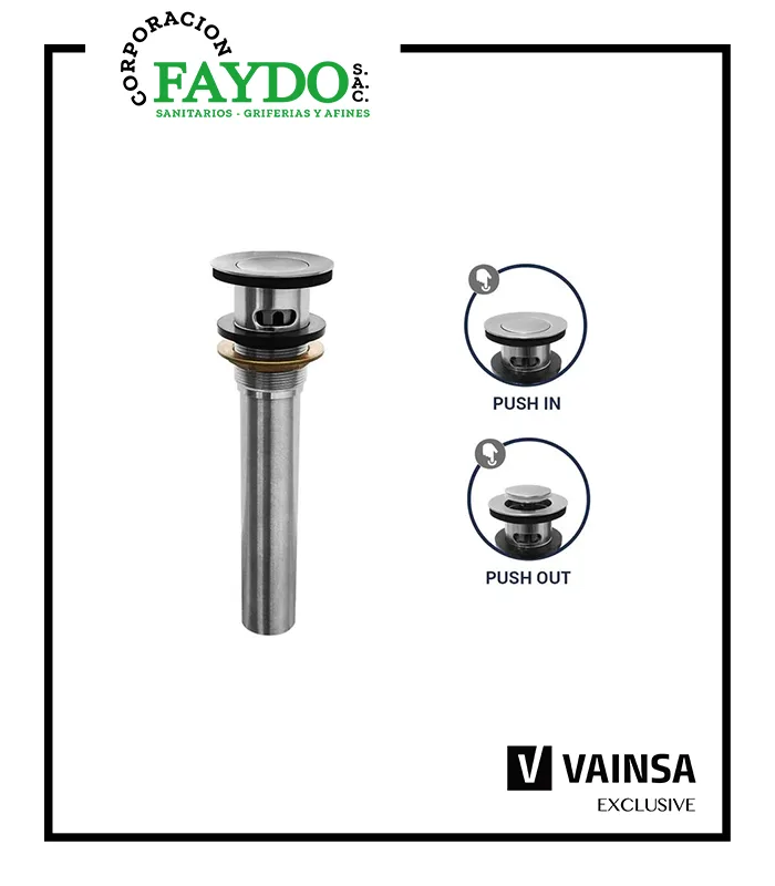 Desague Para Lavatorio Tipo Push Con Rebose Acero Inoxidable Vainsa