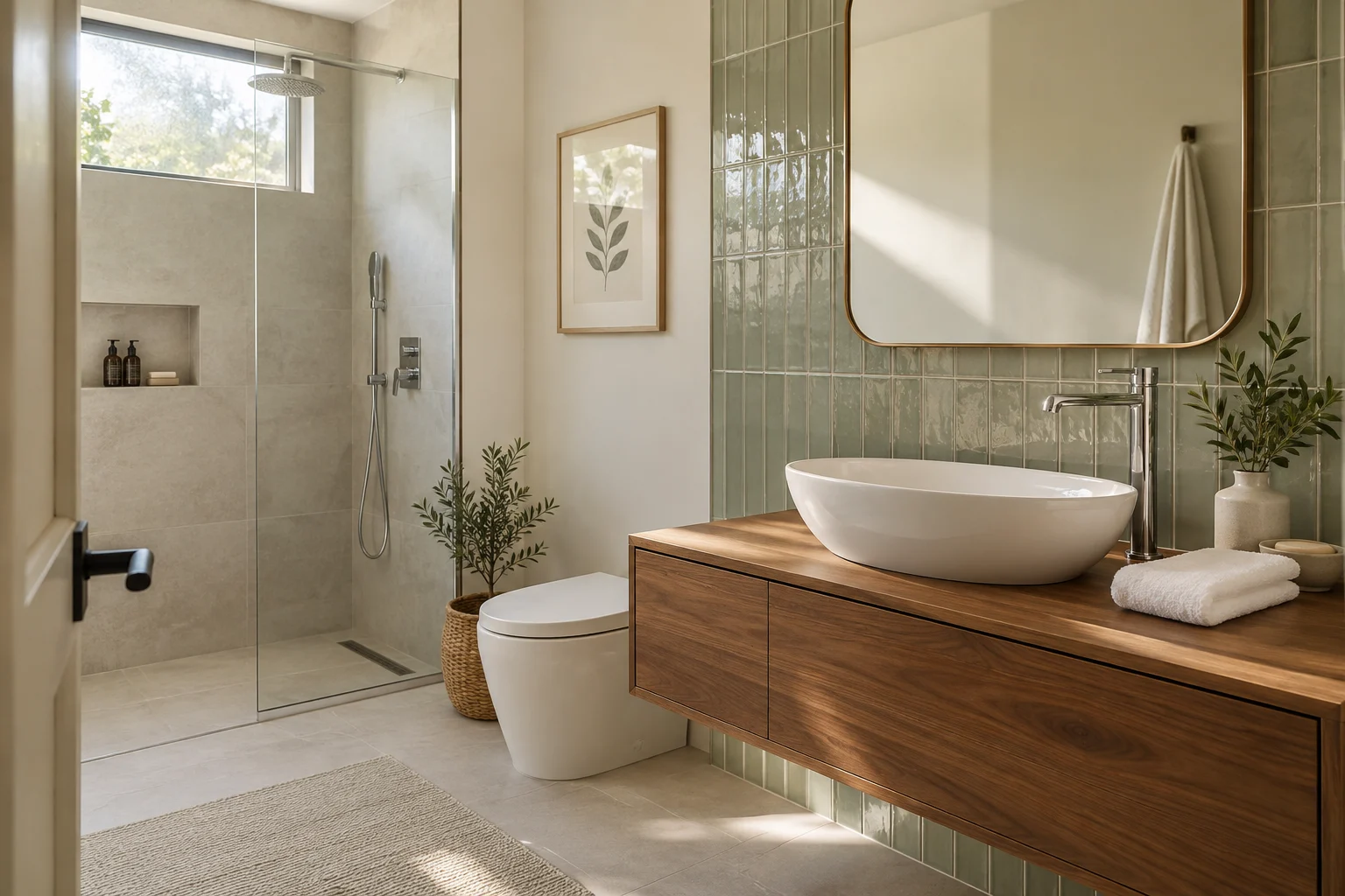 Baño contemporáneo con lavatorio blanco, grifería cromada, mueble de nogal y ducha de vidrio